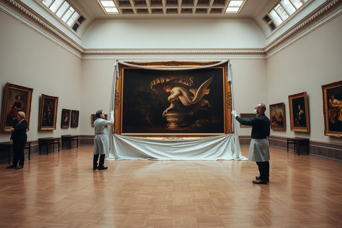 Conservators draw back the cloth at the Galleria dell'Accademia on Thursday, in a ceremony closed to the public.